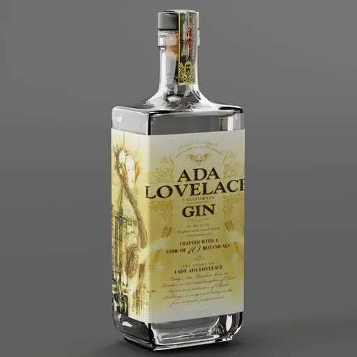 High-res 3D-rendered gin bottle model with detailed label, suitable for Blender animation and visualization projects.