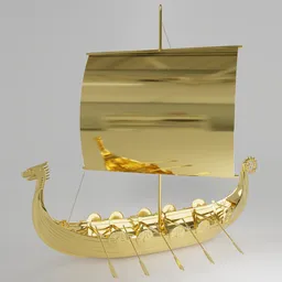 Golden Viking boat 3D model, low-memory with 334,000 faces, procedural color, created in Blender for burial scenes.