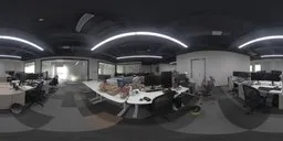 360-degree HDR panorama of a modern office interior with desks and computers for realistic lighting in 3D scenes