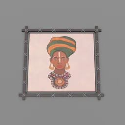 "Warrior woman with green and orange headwear 3D model for Blender 3D - inspired by Nicholas Roerich with highly-detailed character sheet and perfect for wall decoration in wooden frames."