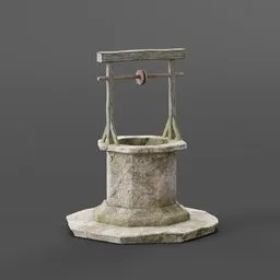 "Medieval stone well with wooden handle and detailed water texture, 3D model for Blender 3D. Perfect for adding a touch of history to exterior scenes. Ideal for old village reconstructions."