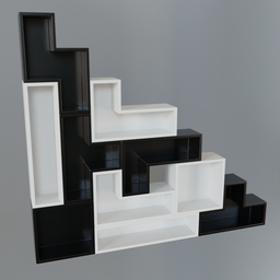 "Minimalist black and white shelving inspired by Ernő Rubik, featuring a screen playing Tetris. This 3D model is perfect for Blender 3D users looking for a modern and unique shelf design."