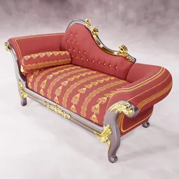 "3D model of a Long Chesterfield Sofa with intricate ornamentation, created using Blender 3D software. This red sofa features gold trim and detailed engraving, reminiscent of Roman style. A highly detailed and well-rendered replica model for your 3D projects."