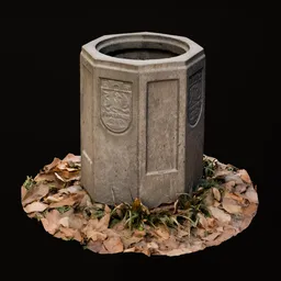 Detailed 3D model of an old concrete trash bin with autumn leaves, optimized for Blender rendering.