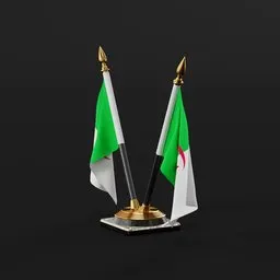 "Desk Flags - Blender 3D Model: A close-up of two flags on a stand with a black background. This 3D model features a detailed design with ray-tracing ambient occlusion, suitable for use as an AI app icon or in-game rendering. Perfect for Blender 3D enthusiasts seeking a high-quality and realistic stationery model."