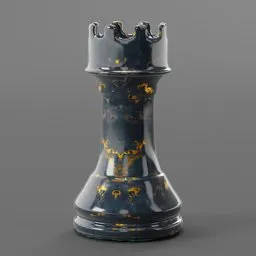 Detailed Blender 3D rendered rook with a realistic gold and black marble texture, ideal for game asset.