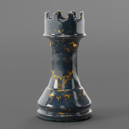 Detailed Blender 3D rendered rook with a realistic gold and black marble texture, ideal for game asset.