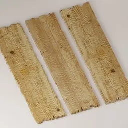 "8K PBR Wooden Planks, a high-quality 3D model for Blender 3D featuring three aged wooden planks with torn edges. The model is Creative Commons Attribution licensed and suitable for use in promotional images and projects. Rendered with high samples, it includes detailed textures for an authentic look."