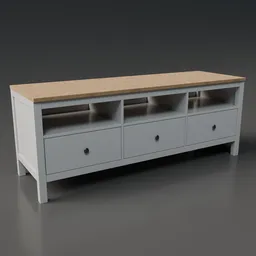 Detailed 3D rendering of a modern white TV unit with storage compartments created in Blender.