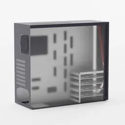 "Low poly Corsair desktop computer case with a small window and volumetric lighting. The grey metal body has a minimalist and clean design. Rendered with Blender 3D and transparent background."