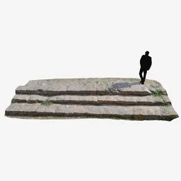 "Medieval stone steps 3D model for Blender 3D, perfect for historical scenes. Featuring a man on a stone platform, alternate album cover and creative commons attribution. Life size with small steps leading down."