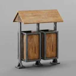"Wooden and metal trash bin for Blender 3D, inspired by Ditlev Blunck and finely detailed for realistic rendering. Perfect for street scenes and urban environments."