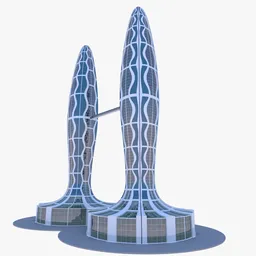 "Futuristic twin skyscrapers rendered in Blender 3D, featuring elegant architecture and standing 56.2 meters tall. Model includes basic materials for exterior design, perfect for use in 3D visualization projects."