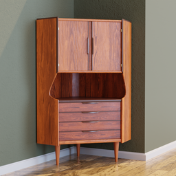 Detailed 3D model of a 1970's rosewood vintage corner commode with spacious shelves and drawers for Blender.