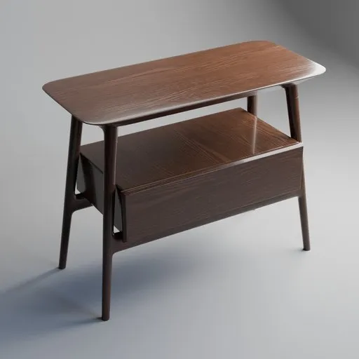 3D rendered wooden side table with sleek rounded edges and open drawer, compatible with Blender.