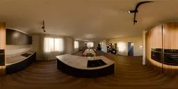 360-degree HDR panorama of a well-lit modern kitchen with dining area, wooden accents, and contemporary furnishings.
