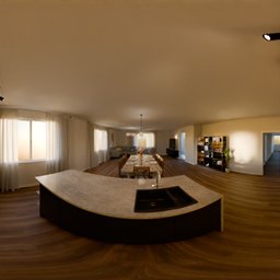 360-degree HDR panorama of a well-lit modern kitchen with dining area, wooden accents, and contemporary furnishings.
