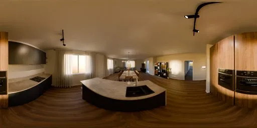 360-degree HDR panorama of a well-lit modern kitchen with dining area, wooden accents, and contemporary furnishings.