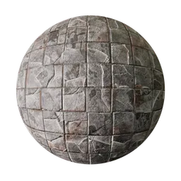 3D PBR material texture of old, damaged square tiles with visible white and brown base layers for Blender and other 3D apps.