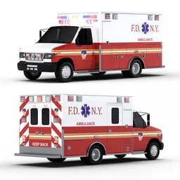 Detailed Ford E350 emergency vehicle 3D model with procedural shaders and rigging for animation in Blender.