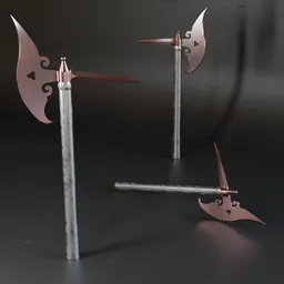 Low poly 3D model of a battle axe with high-quality metal textures, ideal for war game designs in Blender.