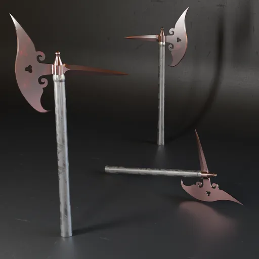Low poly 3D model of a battle axe with high-quality metal textures, ideal for war game designs in Blender.
