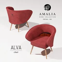 High-quality red modern chair 3D model with wooden legs, designed for Blender rendering and visualization.