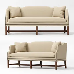 "Bertrand Sofa 3D model - a traditional sofa designed by Hickory Chair for interior visualizations. Ideal for Blender 3D software, this sofa features a beige color scheme, two different types of couches with pillows, and a neo-classical bench design. With its impeccable craftsmanship and oak material, it adds elegance to any 3D scene."