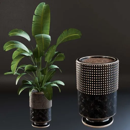 High-quality 3D Bird of Paradise plant model in a decorative vase for Blender rendering.