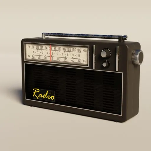 Detailed Blender 3D model of a vintage gray plastic radio with a retractable antenna.