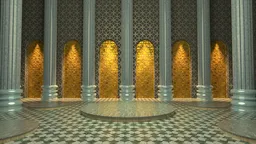 Elegant 3D interior scene with ornate pillars, marble floors, soft lighting, and gold accents in Blender.