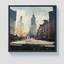 "Enhance your home decor with a modern, photorealistic painting of an urban city street, featuring a clock tower, debris and dust clouds. Perfect for living rooms or bedrooms. 3D model compatible with Blender 3D software."