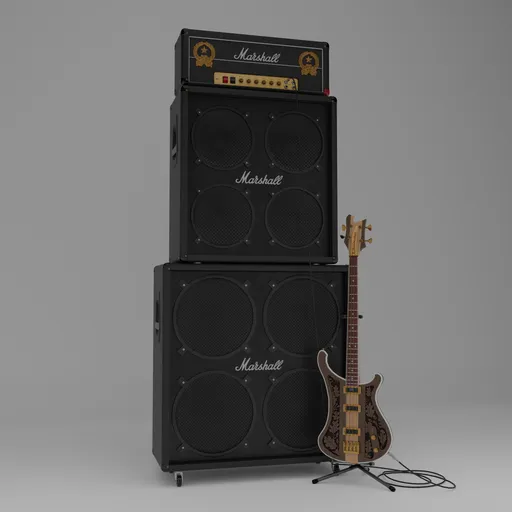Detailed 3D model guitar and amp setup ideal for Blender rendering, featuring precision details and realistic textures.