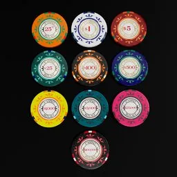Colorful 3D-rendered poker chips from James Bond's Casino Royale, compatible with Blender for 3D artists and enthusiasts.