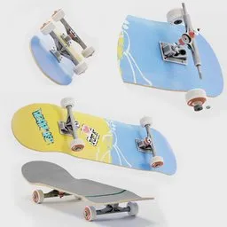 "Ukrainian color skateboard model performing a 360 flip animation in Blender 3D. Three lifelike skateboard designs depicted on a white surface. Blue-grey gear and 70s design featured."