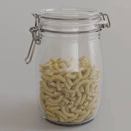 Realistic 3D model of a sealed glass jar half-filled with elbow macaroni, perfect for Blender rendering.