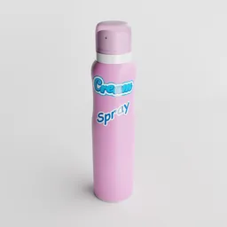 Detailed Blender 3D model of a pink cosmetic spray can with realistic UV mapping and label design.
