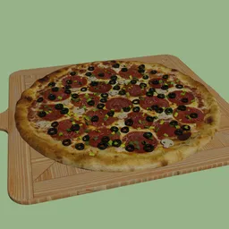 Detailed 3D model of a pizza topping with cheese, pepperoni, olives, on cutting board, ideal for Blender 3D food renderings.