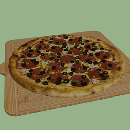 "Pepperoni black olive pizza on a cutting board, with scallions, rendered in high detail in Blender 3D. Photorealistic special effects and high resolution create a realistic and appetizing portrayal of this 3D food model for use in product views and designs."