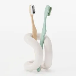 "Minimalistic toothbrush holder with two toothbrushes, made of contemporary ceramics. The holder features a snake-like body design and holds the toothbrushes on a white surface. Perfect for use in Blender 3D projects in the utility category."