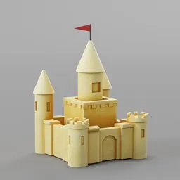 Detailed Blender 3D model featuring a intricately designed sandcastle with multiple towers and a red flag on top.