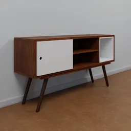 "Transform your living room with the vintage Rack Retro 3D model for Blender 3D. This mid-century inspired cabinet features a white and brown design with a wooden base, walnut wood TV slots and a trending 16:9 aspect ratio. Get the 3D render of Jerma 985 and Alfons Walde-inspired design now!"