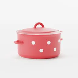 Red polka-dotted 3D saucepan model for Blender, optimized for realistic kitchen renderings.