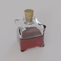 "3D model of a square potion bottle with red liquid and cork stopper, created in Blender 3D. Inspired by Rezső Bálint, the bottle holds 8L of noxious poison and features a top lid. Perfect for 3D printing and use as reagents in digital art projects."