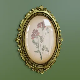 "Victorian oval frame with floral motif, hand-crafted 3D model for Blender 3D. Illustration titled "Rode Bloem" by M. De Giselaar created in 1830, covered by glass. Perfect for Rococo art style and antique furniture game assets."