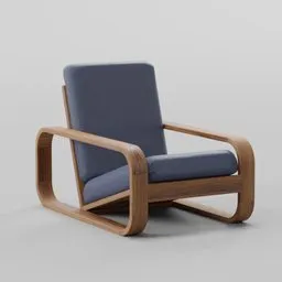 Modern 3D rendered lounge chair with blue cushions and wooden frame designed for Blender modeling projects.