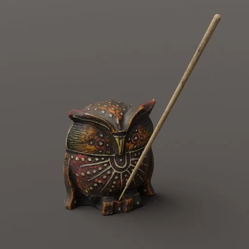 Detailed wooden owl incense holder 3D model with intricate patterns, ideal for blender rendering and zen decor visualization.