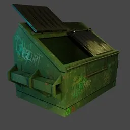 "Green dumpster with a solar panel on top in Blender 3D - inspired by Artur Grottger. Ideal for street design and in-game 3D models. Professional branding and top lid feature included."