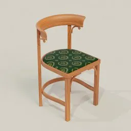 Detailed vintage-style 3D wooden chair with upholstered seat, compatible with Blender for interior design.