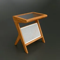 Wooden 3D bed table with glass top and woven fabric shelf for books, designed in Blender.